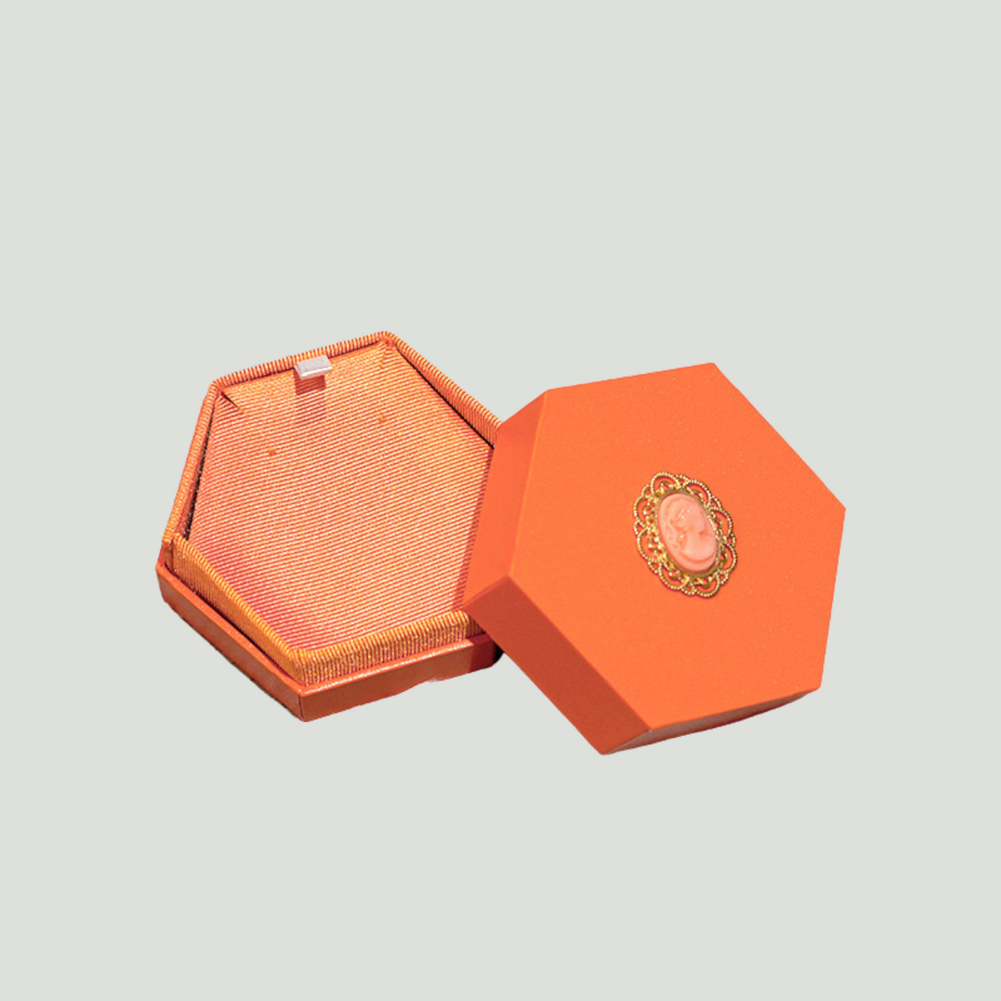 Elegante Scatola Porta Gioielli Esagonale con Cammeo-arancione scuro